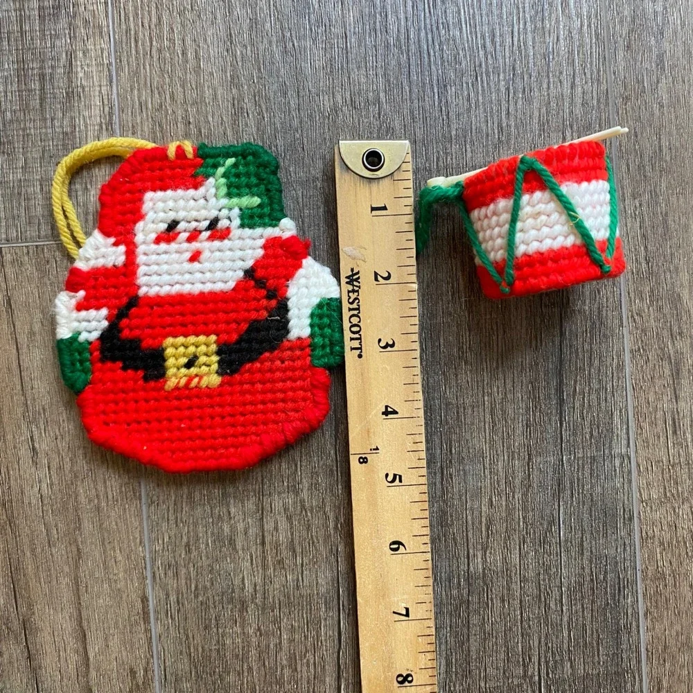 Vintage Christmas Ornament Lot 7pc Needlepoint Santa Beaded Wreath Wooden Sled